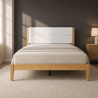 Mid-Century Modern Platform Bed Frame with Padded Upholstered Headboard, Heavy Duty Solid Slat Support