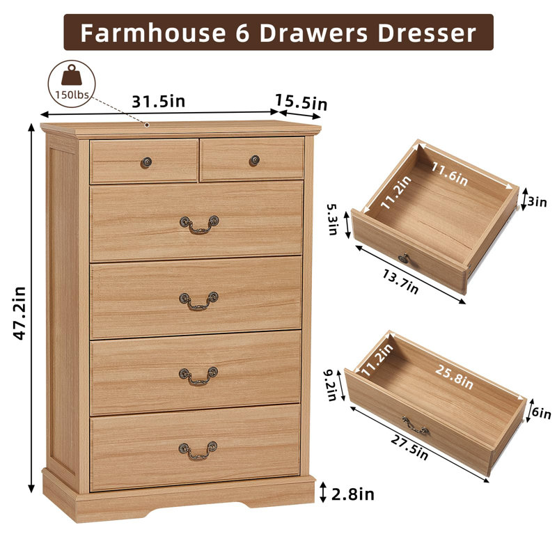 6 Drawer Dresser,Farmhouse Wood Chest of Drawers for Bedroom,47" Tall Dresser with Rustic Handles,Wood Drawer Organizer for Living Room,Hallway,Closet (Natural)