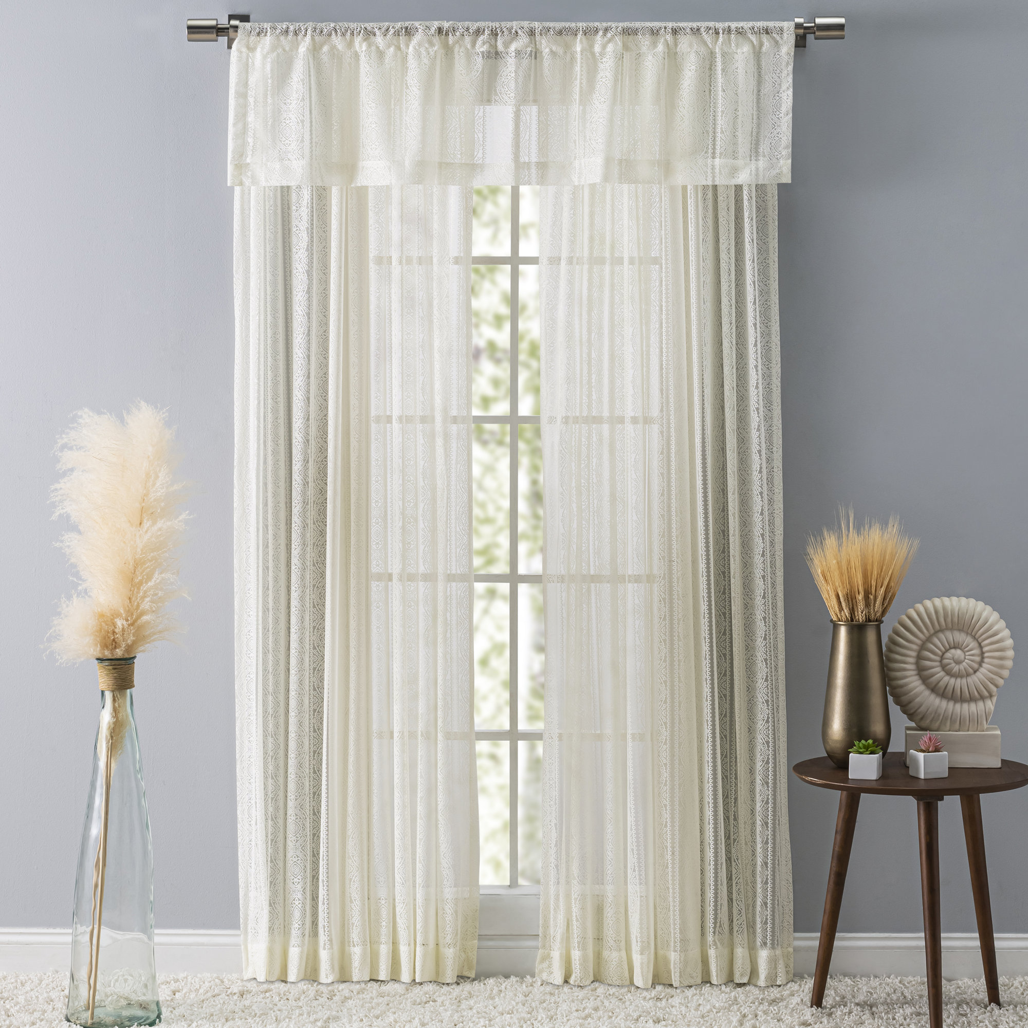Erial Modern Geometric Lace Semi-Sheer Rod Pocket Elegant Curtain Panel, Oatmeal, 54'' W x 84'' L