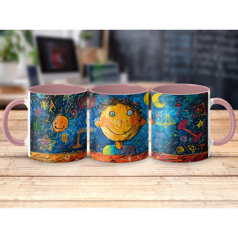 Kids Drawing Style 11oz Accent Mugs – Ceramic Coffee Cup with a Pink Handle and Interior