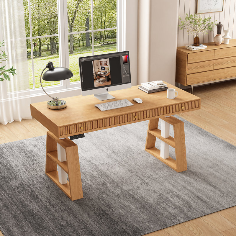 63" Ash Wood Standing Desk with 3 Storage Drawers, Transitional Electric Height Adjustable Computer Work Table for Home Office