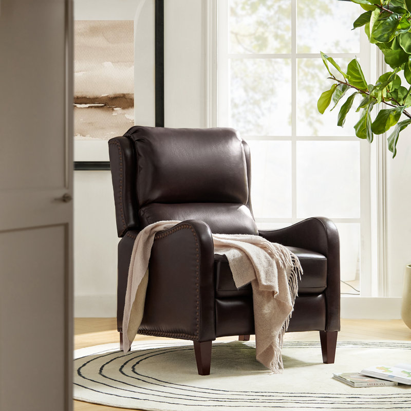 Beecher Traditional 28.75" Wide Genuine Leather Manual Club Recliner with Solid Wood Legs, Espresso Genuine Leather