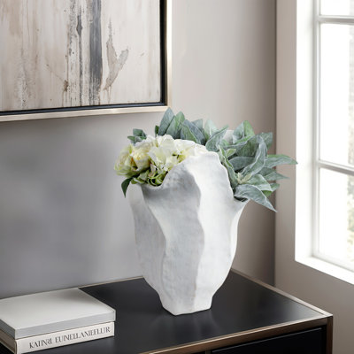 Sculptural Porcelain Vase for Table Decor - Modern Tall Flower Vase for Office, House Accent, or Centerpieces - Ivory/White