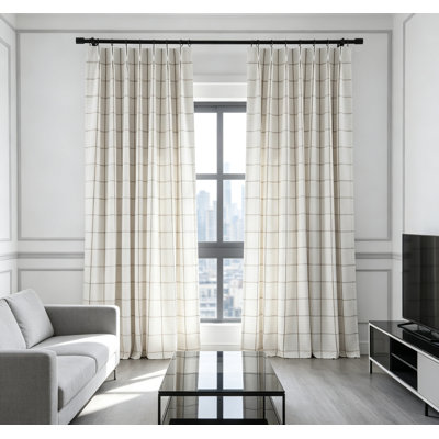 Plaid Linen Pinch Pleated Full Blackout Curtains Set of 2, Checkered Thermal Insulated Rustic Drapes with Hooks for Bedroom Living Room