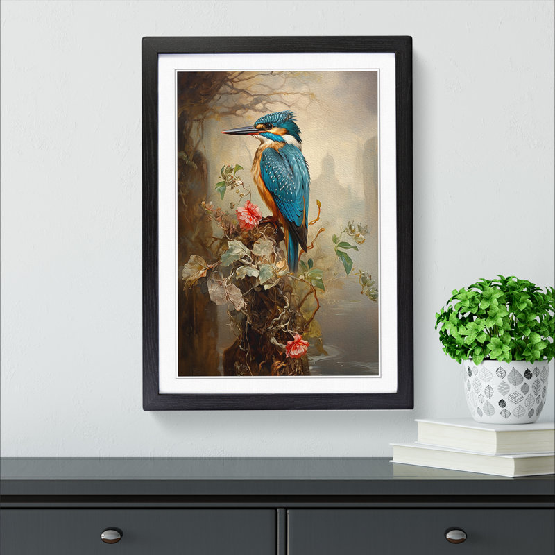 Kingfisher Victorian - Single Picture Frame Print on Wood, 34cm H x 25cm W x 2" D, Black Framed