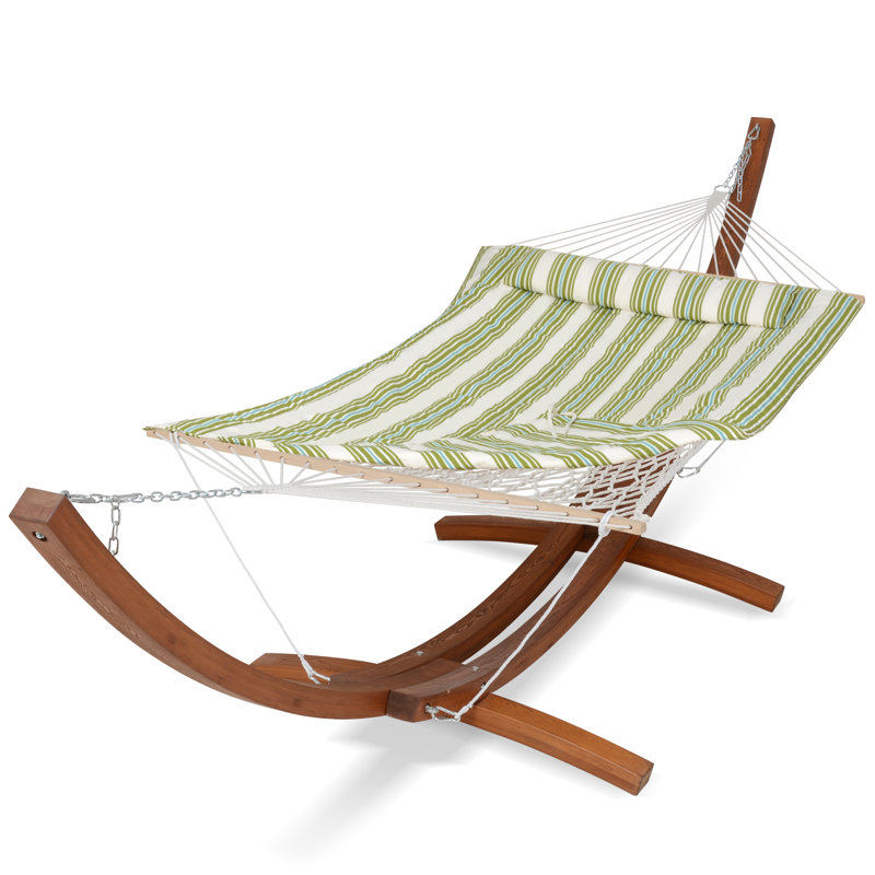 Hamac en corde avec support en bois de 13,5 pi et coussin amovible, Vert / rayures beiges