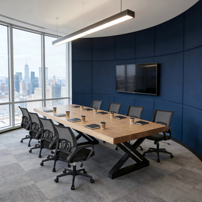 Table de conférence industrielle en bois massif pour 8 personnes avec 8 chaises de bureau en filet respirant