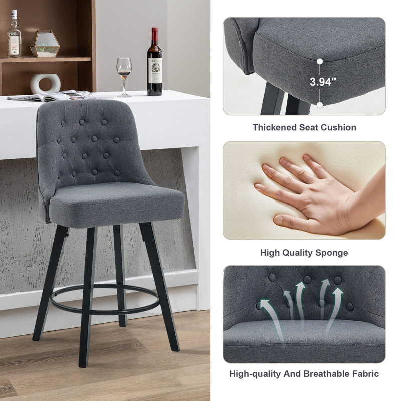 Swivel Bar Stools, 26'' Upholstered Counter Stool with Solid Wood Frame, Grey