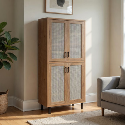 Lere Tall Shoe Cabinet, Metal Mesh Doors, 14 Shelves, Natural Oak Brown