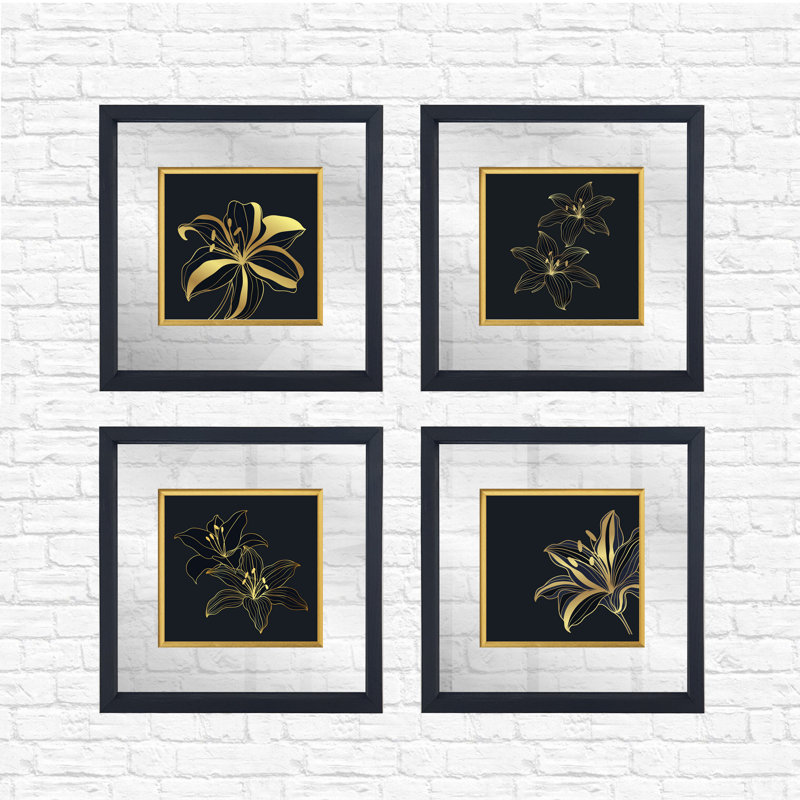 Élégantes peintures encadrées décoratives (4 pièces), cadre en bois, 12,6 po x 12,6 po chacune | Façade 100% verre (épaisseur: 0,12 pouce) | Impression numérique UV | Art mural parfait pour décorer un salon ou une chambre à coucher