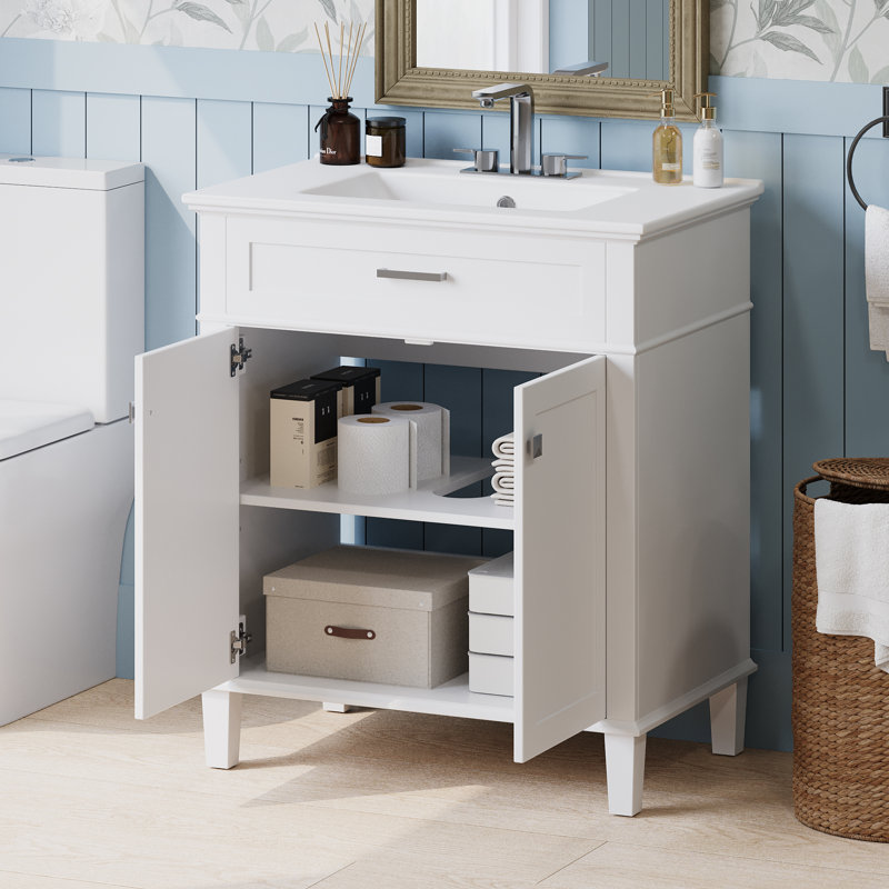 Meuble-lavabo simple 30 po avec lavabo en céramique, Blanc / Blanc