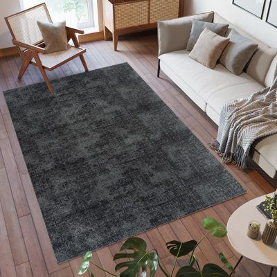 Aubepine Thandi Charcoal Grey Embossed Transitional Geometric Indoor Area Rug, Soft Polyester – Living Room & Bedroom - Charcoal, 5x7