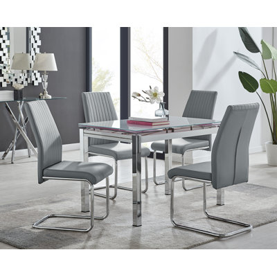 Tierra Modern Glass & Metal Extendable Dining Table Set & 4 Luxury Faux Leather Dining Chairs