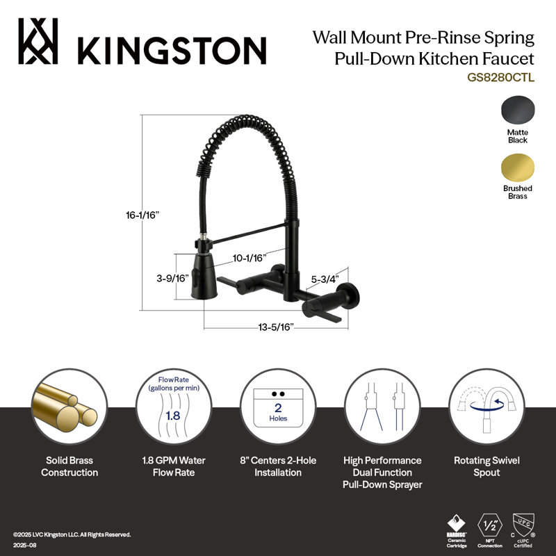 Kingston Brass Continental Double-Handle Wall-Mount Pre-Rinse Bridge Kitchen Faucet, Brushed Brass
