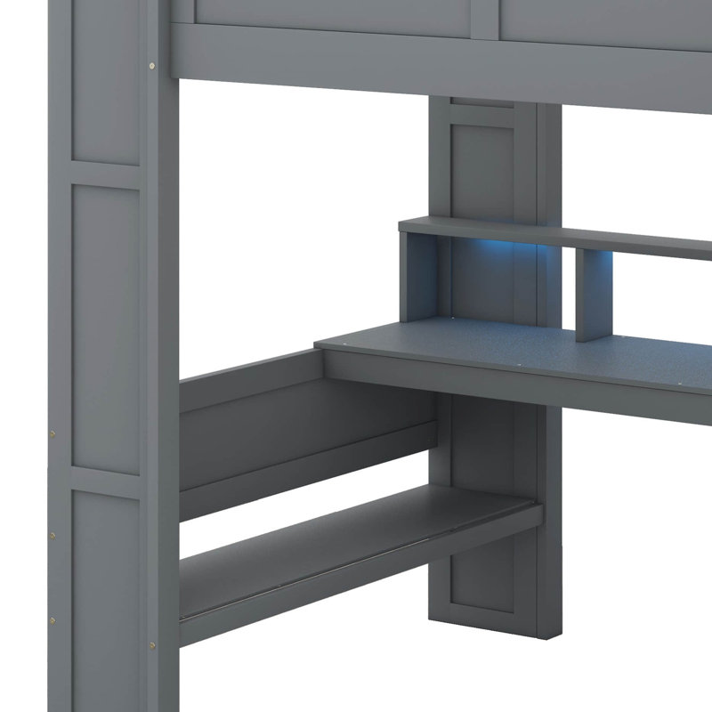 Lit mezzanine en bois pleine grandeur pour jouer, livré avec un bureau, plusieurs tablettes de rangement et une zone de chargement