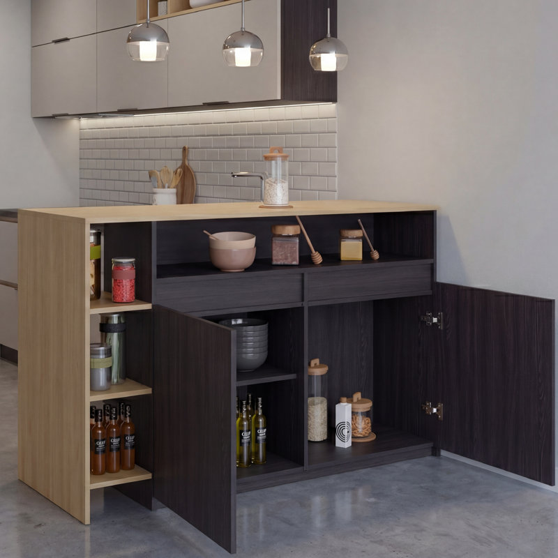 Bari Modern Kitchen Island And Counter Dining Table, Compact Structure With 4 Open Display Shelves, 2-Door Cabinet And, Spacious Dining Prep Table Countertop