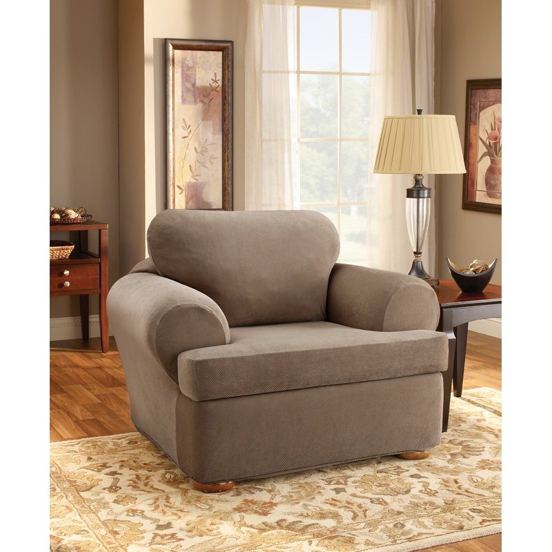 Taupe Stretch Pique T-Cushion Chair Slipcover Set