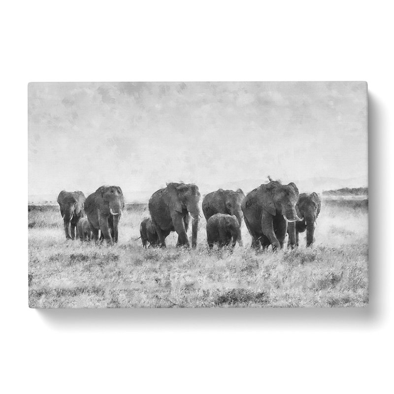Herd Of Elephants Roaming - Wrapped Canvas Print, 60cm H x 91cm W x 3cm D