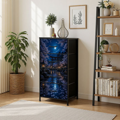 4 Drawer Vertical Storage Dresser Japanese Garden Cherry Blossoms Stone Lanterns Torii Gate Reflective with Wood Top Fabric Pull Drawers