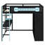 Lit mezzanine double en bois avec bureau, garde-robe ouverte et lumière RVB-902475771