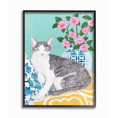 «Cat with Cushion and Vase Pastel Animal» par Sally B - reproduction d'art