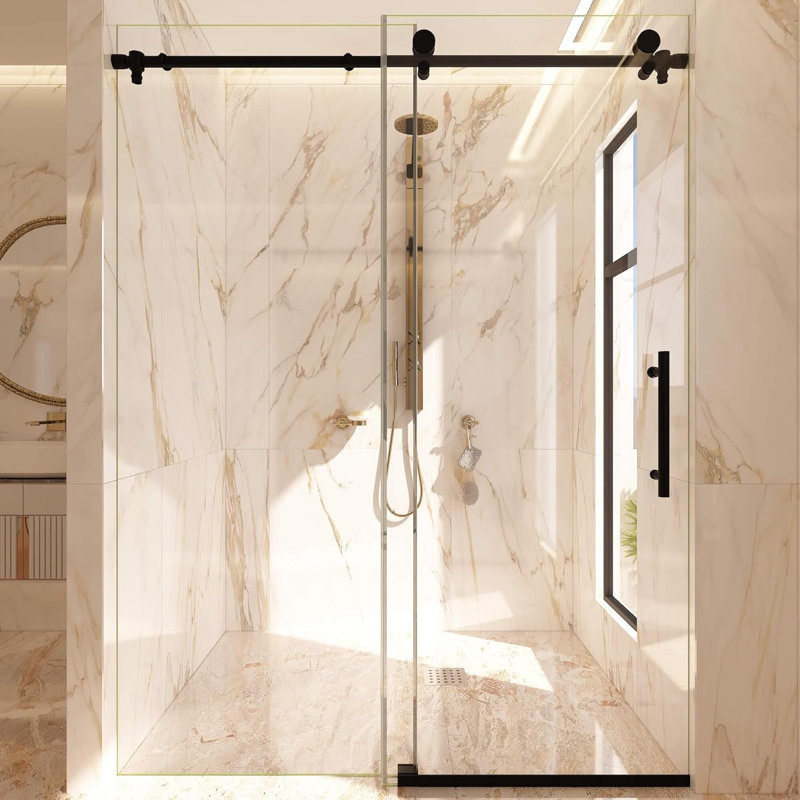 Frameless Brushed Nickel Sliding Shower Door with Clear Tempered Glass