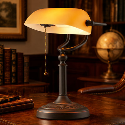 Orange Matte-Glass Banker Desk Lamp with Plug-In Power, Pull-Chain Switch and Classic Vintage Styling