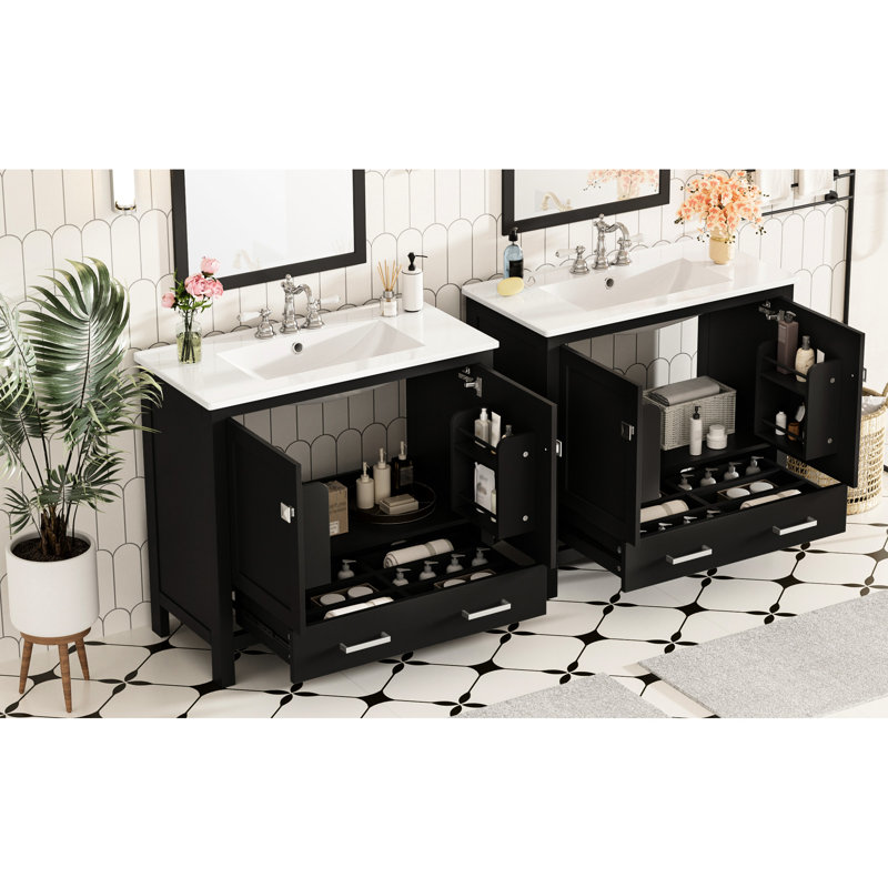 Armoire de salle de bain 72 po noire avec double meuble-lavabo, grand espace de rangement et charnières à fermeture en douceur pour une construction élégante et fonctionnelle de 72 po, portes et tablettes efficaces