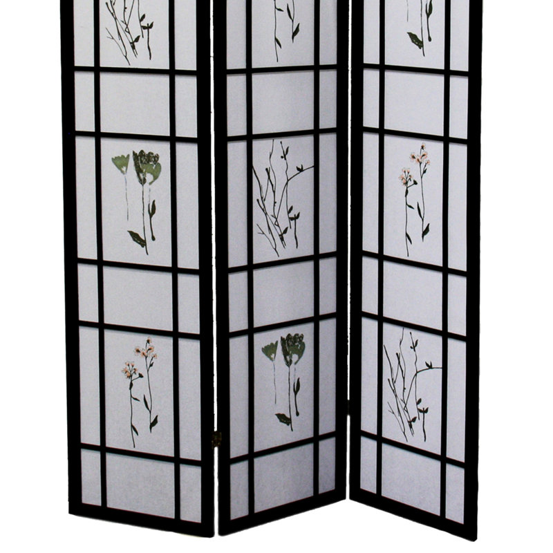 70 po de hauteur, 3 barrières, noir, asiatique, pin massif, panneaux à motif floral, écran de séparation noir pliable, look, impressions sur