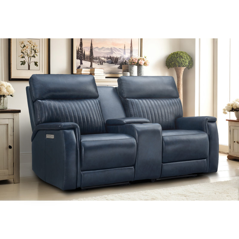Canapé inclinable en cuir Liudgardas, Bleu / bleu cuir véritable