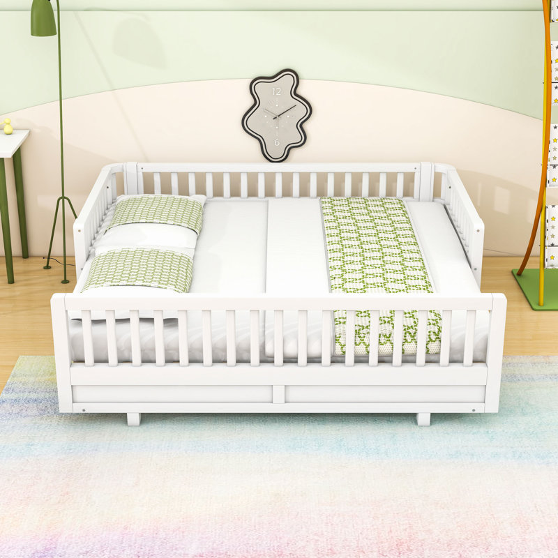 Lit plateforme extensible en bois avec garde-corps et lattes, Simple, Blanc
