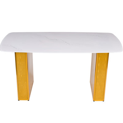 Tempered Glass Rectangular Dining Table With Marble Pattern And Gold Dual - Column Base, Providing Comfortable Seating Efficient Space Utilization, 26