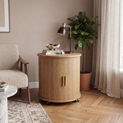 Modern End Table with Built-In USB Charging Station And Storage Round Cylinder Nightstand with Soft Close Sliding Door For Bedroom & Living Room