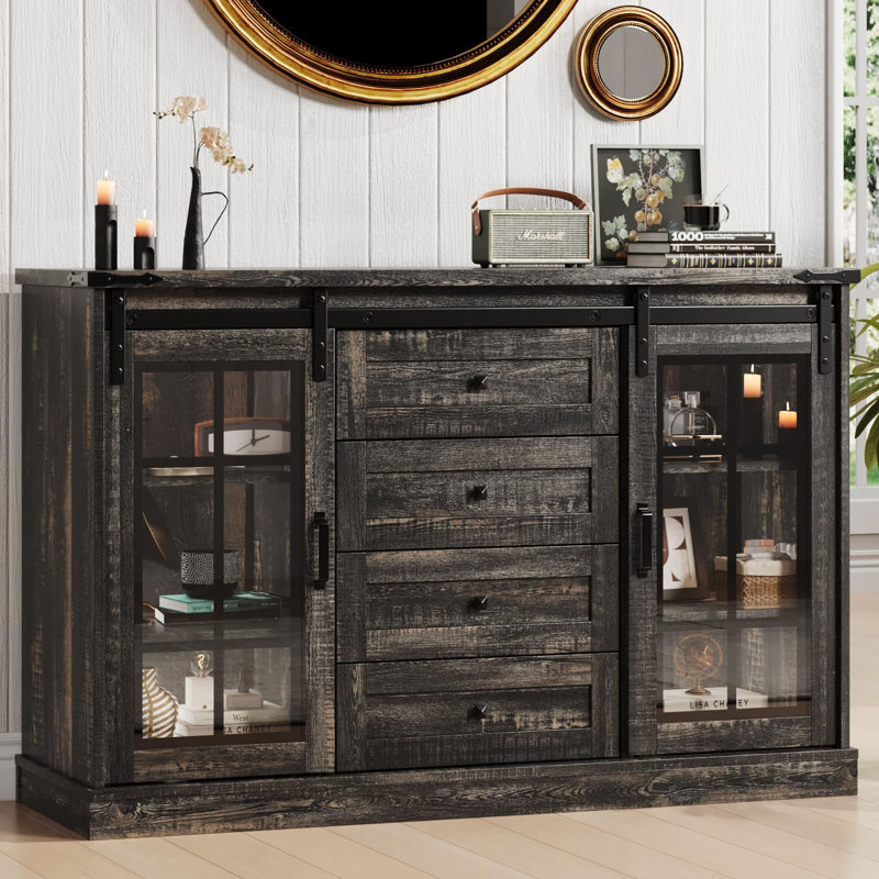 Commodes et commodes en verre avec lumière Geremy, Chêne rustique foncé