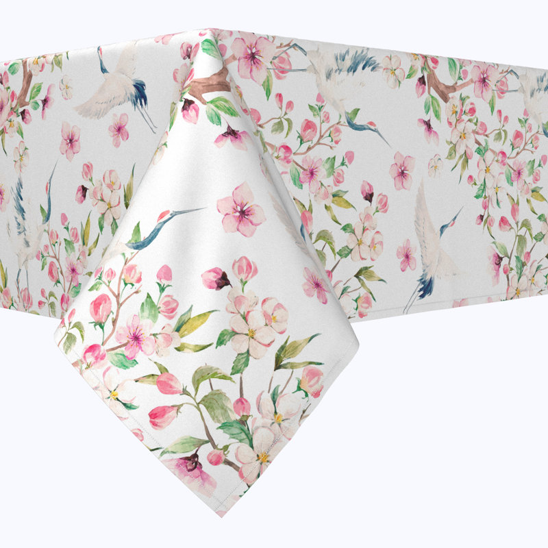 Square Tablecloth, 100% Cotton, 52X52", Cranes & Pink Flowers