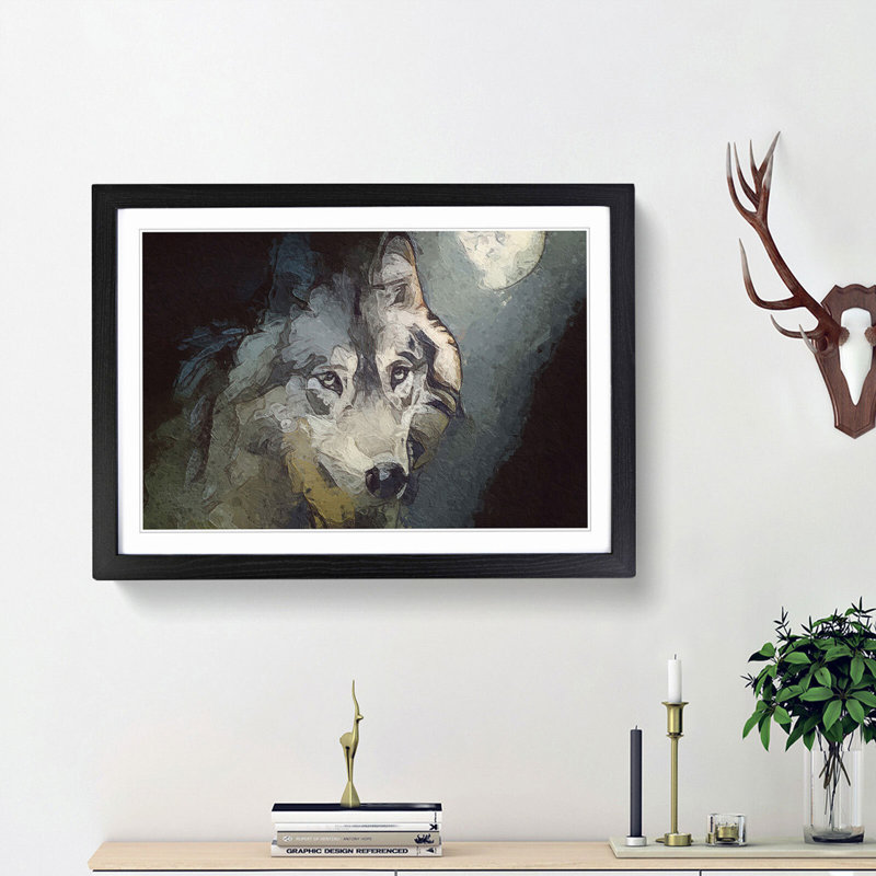 Wolf Under the Moon in Abstract - Picture Frame Painting Print, 36cm H x 48cm W x 2cm D, Black Framed
