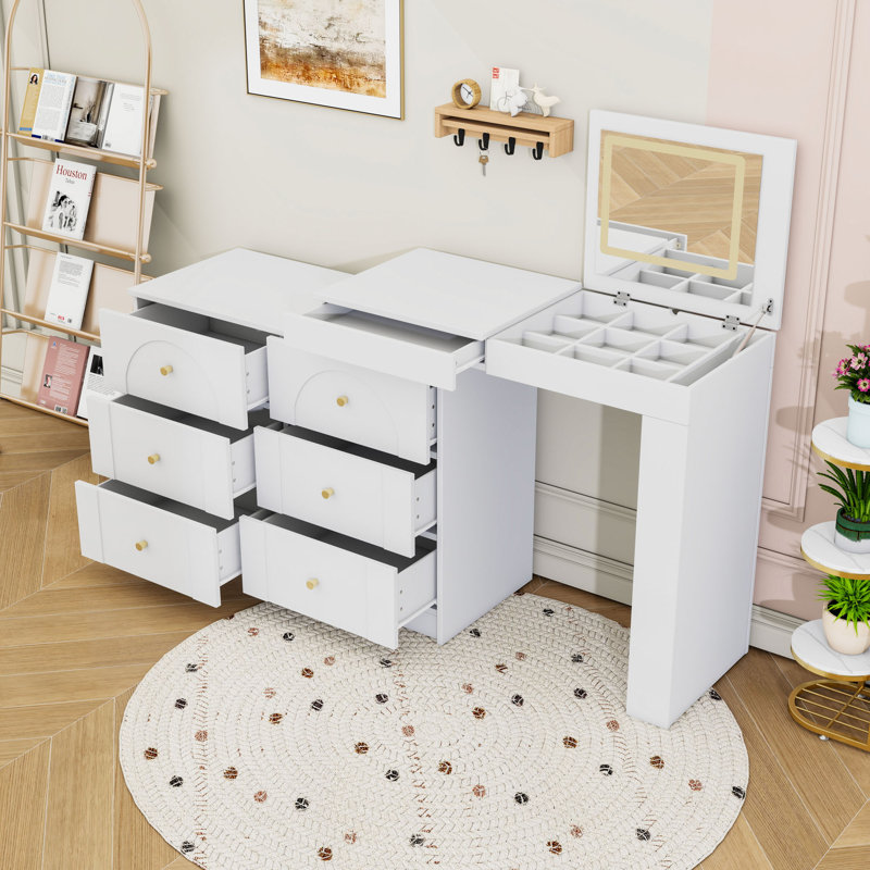Meuble-lavabo 7 tiroirs avec miroir à DEL, table de maquillage rabattable avec 9 compartiments cachés et 3 tablettes, Blanc