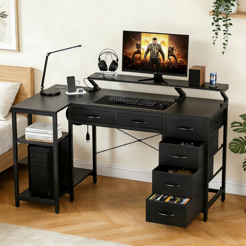 Bureau d'ordinateur en L avec tiroirs et tablette en L avec lumières DEL et prises de courant Bureau d'ordinateur avec support pour écran