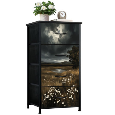 Dresser for Bedroom with 4 Storage Drawers Dark Moody Landscape Vintage Gothic Ornate Black Carved Dark Academia Dressers Chest of Drawers Steel Framed Fabric Closet Organizers for Dorm Entryway
