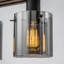 Suspension linéaire à 4 lumières pour îlot de cuisine, en bois et noir mat, avec abat-jour en verre fumé côtelé, à intensité variable