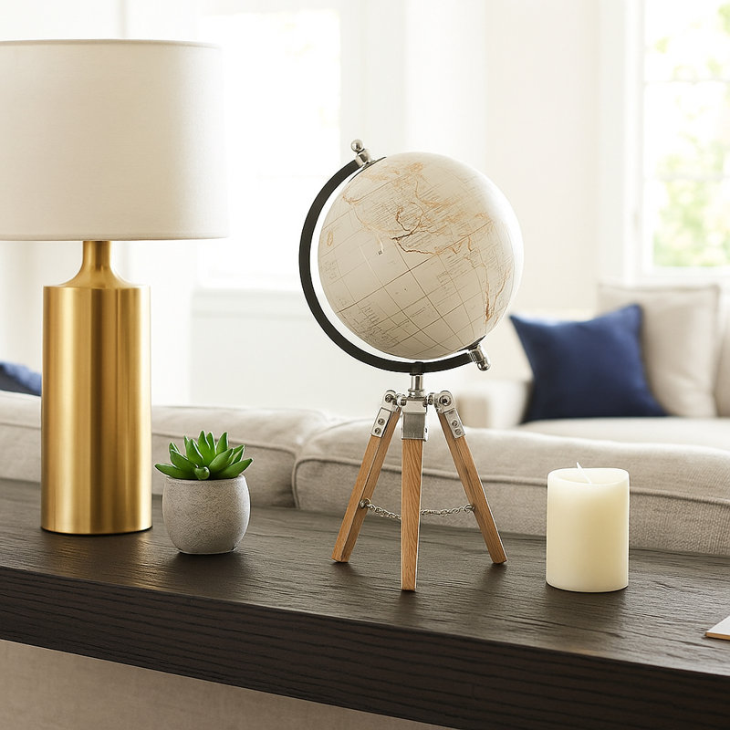Decorative Globe on Wooden Tripod Sculpture for Home Decor - Modern Object Decorations for Living Room or Office Spaces - 19", Brown