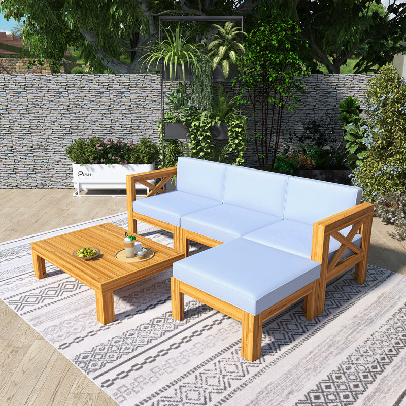 Ensemble de conversation de patio en bois 5 pièces avec coussin gris