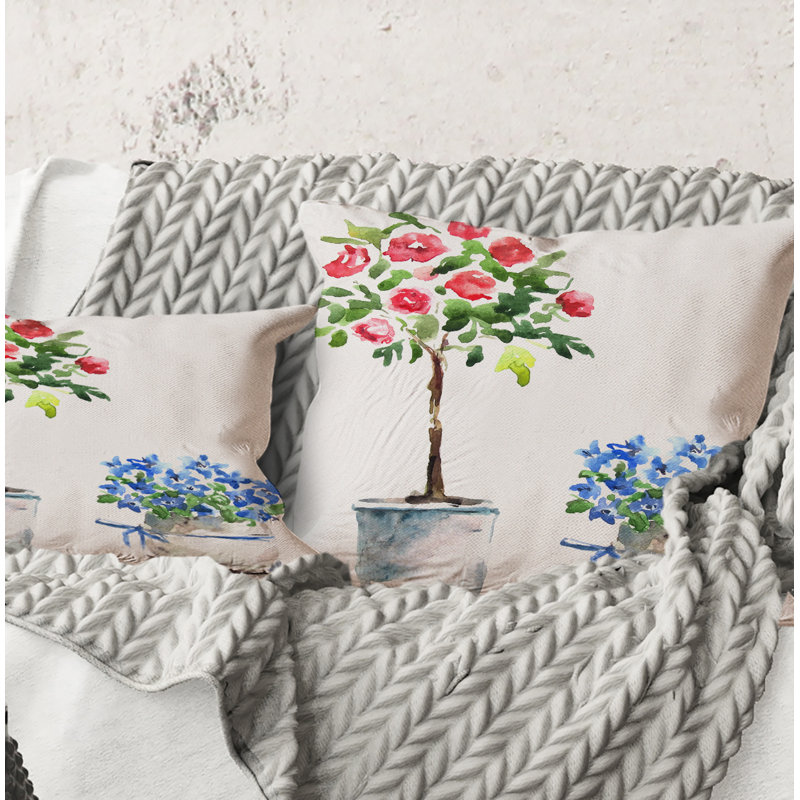 Plantes d'intérieur carrées, bleues et rouges - Coussin décoratif à imprimé traditionnel, 16" x 16"