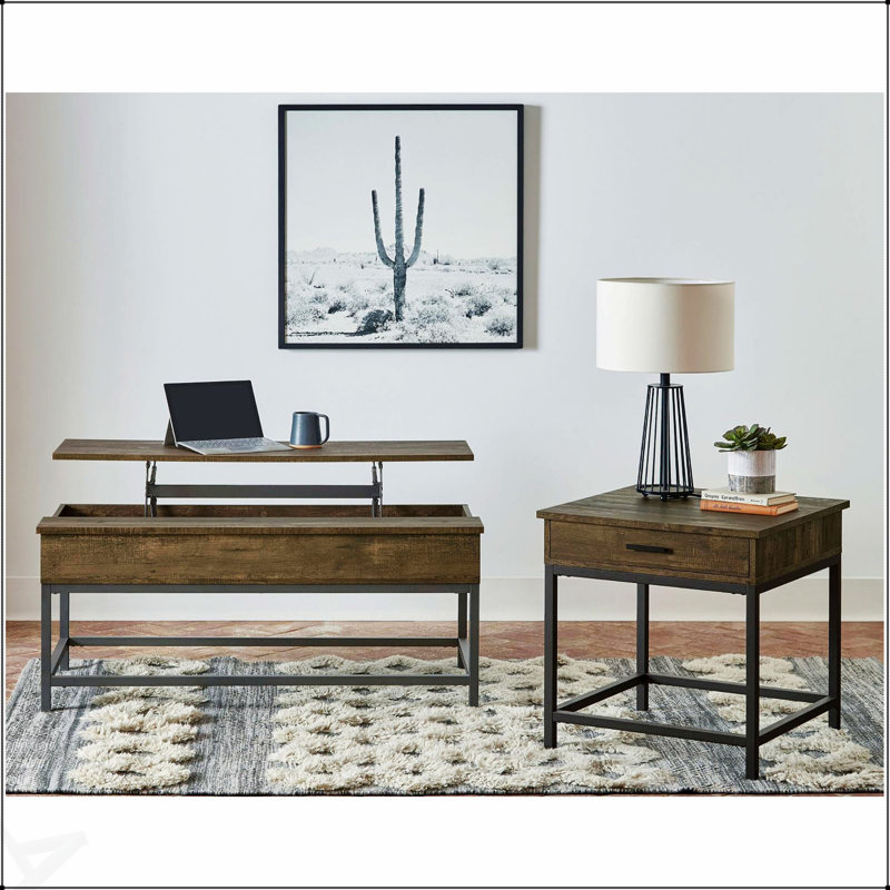 Table basse réglable à plateau relevable en chêne brun et noir sable avec rangement, parfaite pour la vie moderne et la flexibilité de l'espace de travail.