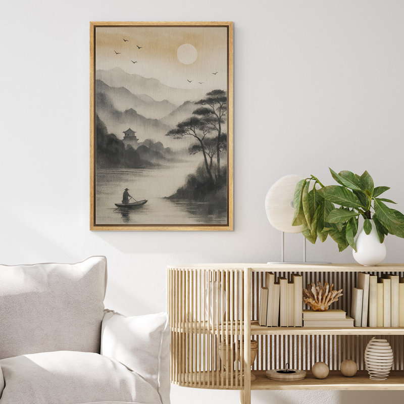 «Serene Mountain River with Boatman and Rising Sun», reproduction d'art sur toile encadrée, H 36 po x l 24 po x P 1,5 po