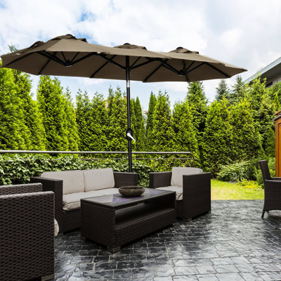 Parasol de patio double 9,5 pi - marché extérieur avec bouton inclinable et manivelle, 3 bouches d'aération, 12 nervures pour la piscine de terrasse de jardin, teinte grise exceptionnellement brillante, jardin