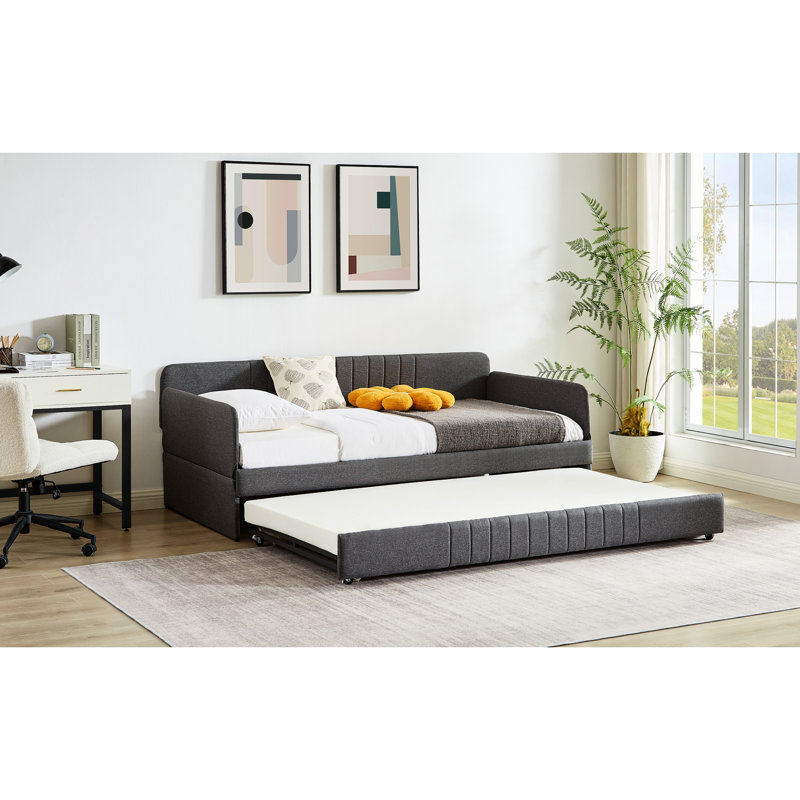 Lit de jour simple avec couchette en gris, lit à structure en métal réducteur de bruit pour un salon fonctionnel gris