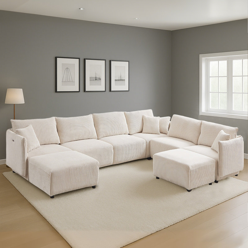 Rozyn Modern Minimalist Corduroy Module Combination Sofa with Comfort Cushions with USB Charging Ports, Beige Corduroy