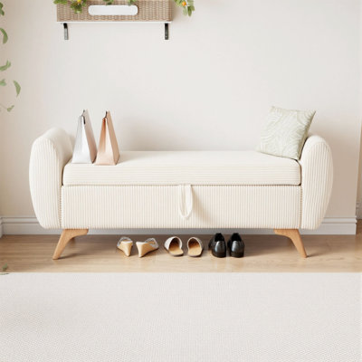 Banc de rangement rembourré en velours côtelé de 57 po avec pieds en bois massif pour chambre à coucher, couloir