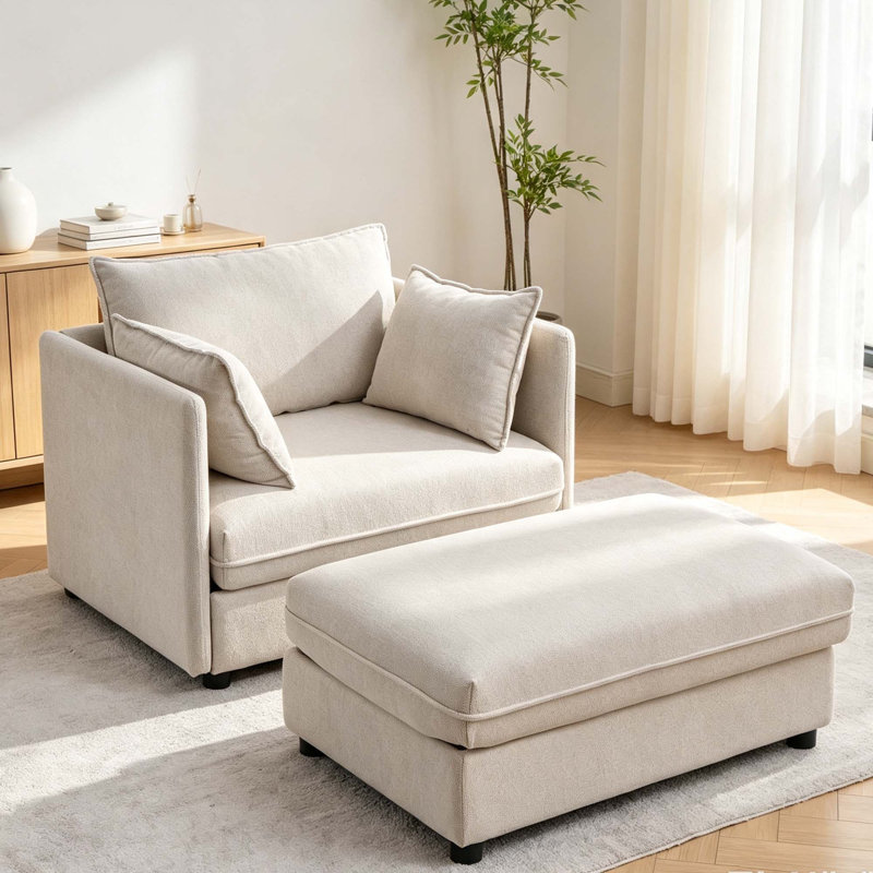 Upholstered Chenille Accent Chair With Footstool, White Chenille